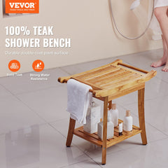 Teak wood shower bench with curved seat, towel rack, and lower storage shelf in bathroom.