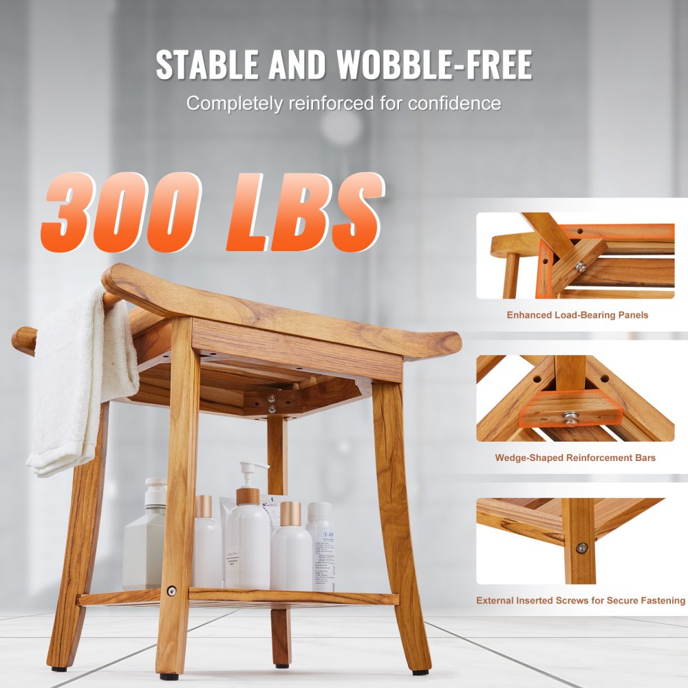 Teak wood shower bench with curved seat, handles, and reinforced legs supporting 300 lbs capacity.