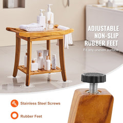 Teak wood shower bench with adjustable non-slip feet and storage shelf, 22x14.4x18.5 inches.