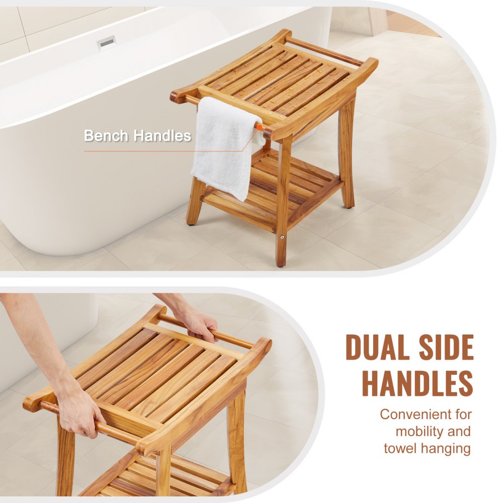 Wooden teak shower bench with slatted seat, dual side handles, and towel on a shelf, next to a bathtub.