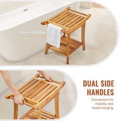 Wooden teak shower bench with slatted seat, dual side handles, and towel on a shelf, next to a bathtub.