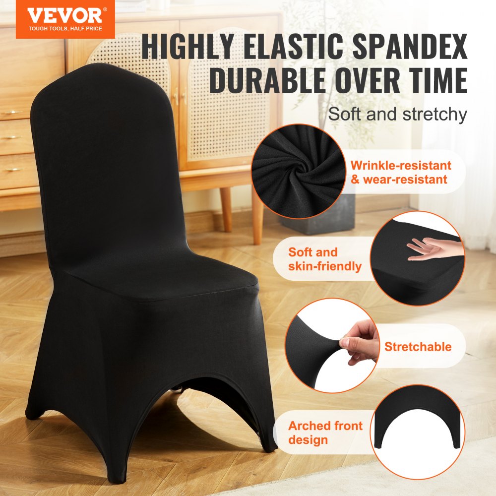 Stretch Spandex Folding Chair Covers, Universal Fitted Arched Front Cover, Removable Washable Protective Slipcovers, for Wedding, Holiday, Banquet, Party, Celebration, Dining (50PCS Black)