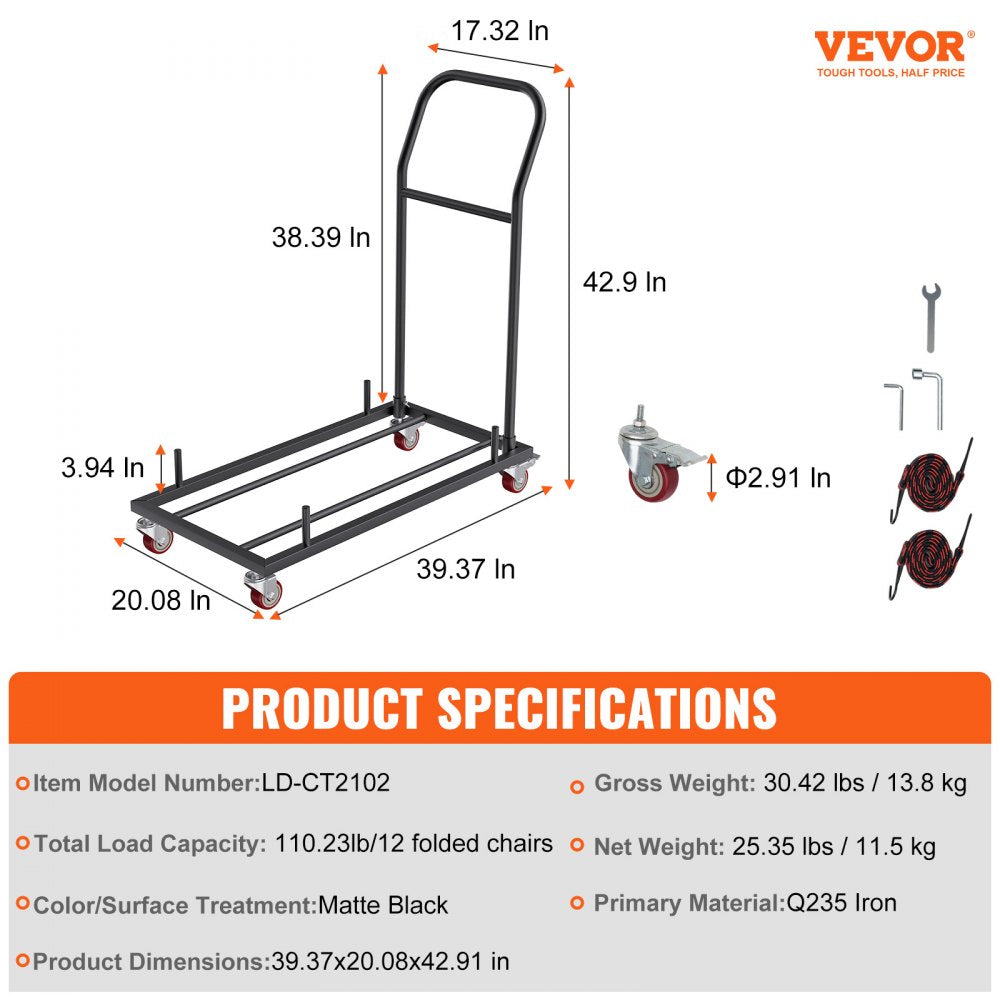 Folding Chair Dolly, Iron Commercial Cart with 12 Chairs Capacity, Folding Chairs Rack Trolley with 4 Casters, Storage Transport Dolly for Flat Stacking Plastic Resin and Wood Chairs, Black