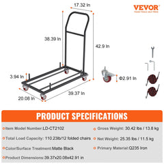 Folding Chair Dolly, Iron Commercial Cart with 12 Chairs Capacity, Folding Chairs Rack Trolley with 4 Casters, Storage Transport Dolly for Flat Stacking Plastic Resin and Wood Chairs, Black