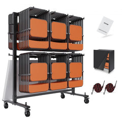 Folding Chair Cart, Double Layer Mobile Stackable Chair Dolly, Storage Rack Trolley with 530 Lbs Capacity to Store 84 Chairs, Heavy Duty Iron Chairs Holder with 4 Casters, 2 Elastic Cords, Cover
