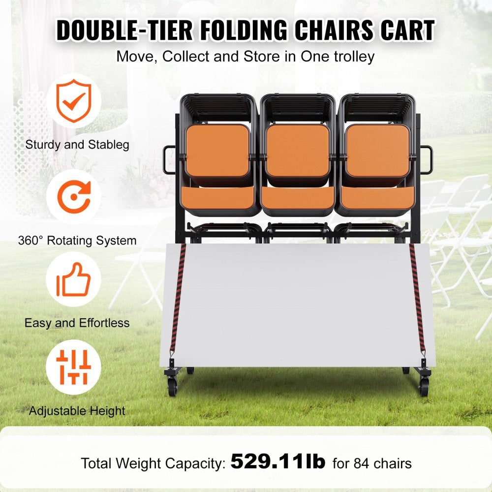 Folding Chair Cart, Double Layer Mobile Stackable Chair Dolly, Storage Rack Trolley with 530 Lbs Capacity to Store 84 Chairs, Heavy Duty Iron Chairs Holder with 4 Casters, 2 Elastic Cords, Cover