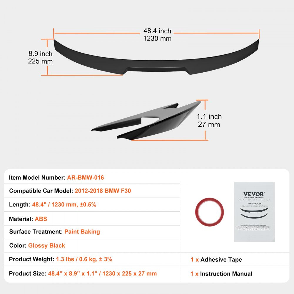 GT Wing Car Spoiler, 48.4 inch Spoiler, Compatible with 2012-2018 BMW F30, High Strength ABS Material, Baking Paint, Car Rear Spoiler Wing, Racing Spoilers for Cars, Glossy Black