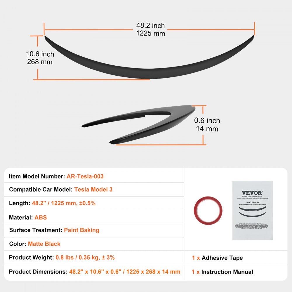 GT Wing Car Spoiler, 48.2 inch Spoiler, Compatible with Tesla Model 3, High Strength ABS Material, Baking Paint, Car Rear Spoiler Wing, Racing Spoilers for Cars, Matte Black