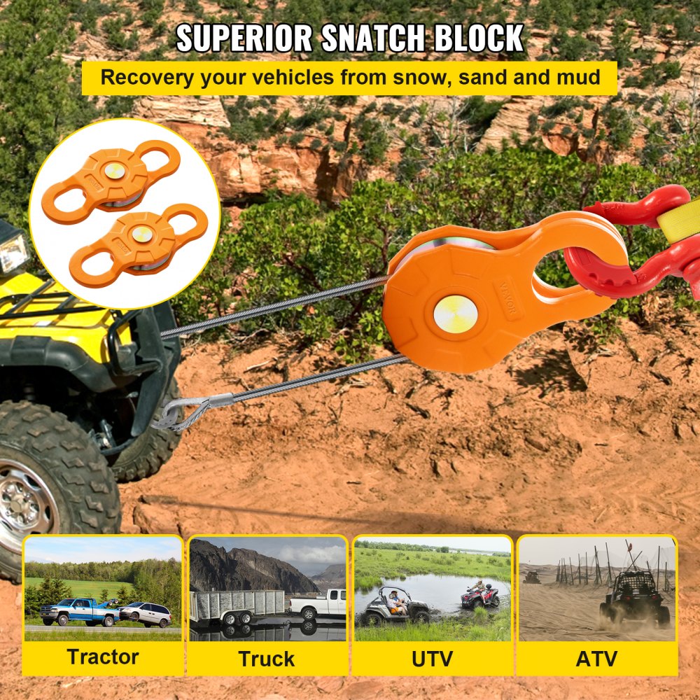 Snatch Block, 11T/25,000 LBS Working Load Limit, Heavy Duty Winch Pulley for 0.55"/14 mm Synthetic Rope or Soft Shackles, Off-Road Recovery Accessories for Tractor, Truck, ATV & UTV, 2 Packs