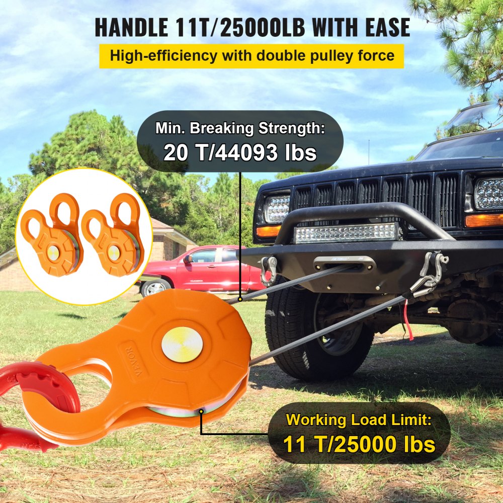 Snatch Block, 11T/25,000 LBS Working Load Limit, Heavy Duty Winch Pulley for 0.55"/14 mm Synthetic Rope or Soft Shackles, Off-Road Recovery Accessories for Tractor, Truck, ATV & UTV, 2 Packs