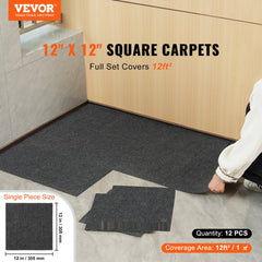 Dark gray peel and stick carpet tiles in 12x12 squares with a soft, durable surface.