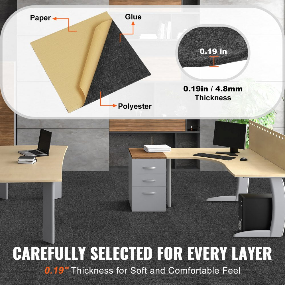 Dark gray peel and stick carpet tiles in 12x12 squares with a soft, durable surface.