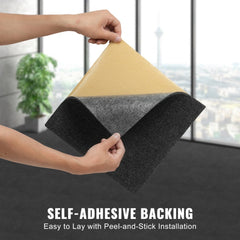 Dark gray peel and stick carpet tiles in 12x12 squares with a soft, durable surface.