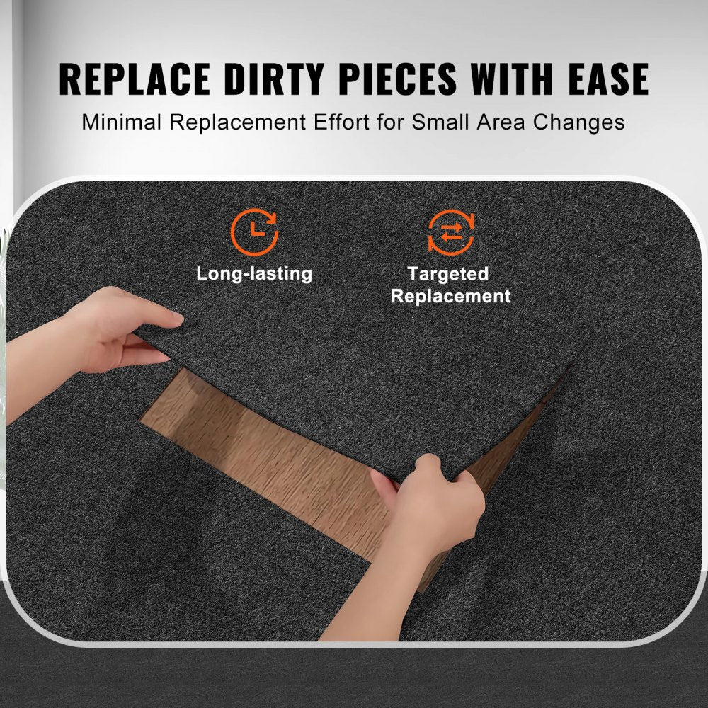 Dark gray self-adhesive carpet tile square, 12x12 inches, with a plush, durable surface.