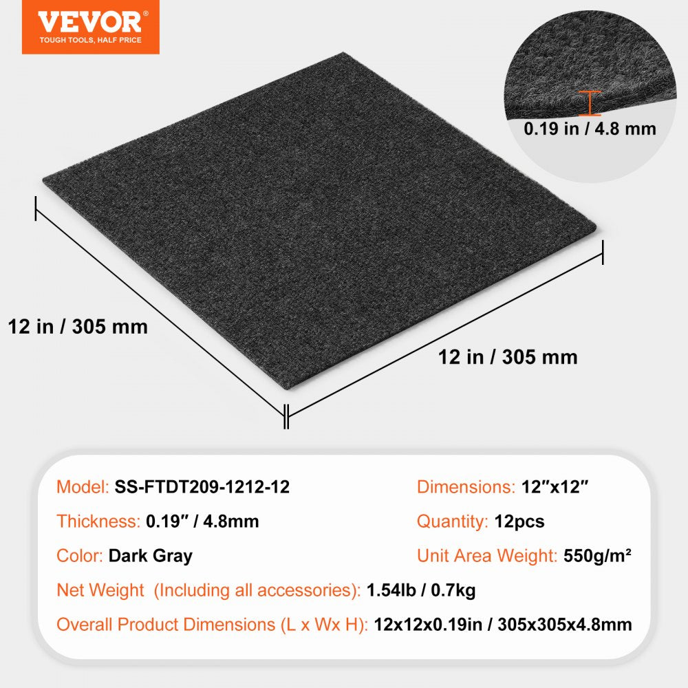 Dark gray peel and stick carpet tiles in 12x12 squares with a soft, durable surface.
