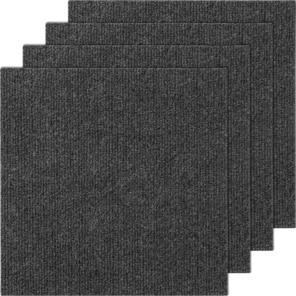 Dark gray peel and stick carpet tiles measuring 12x12 inches with a soft, plush surface.