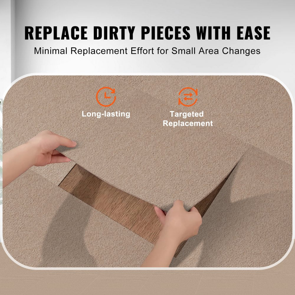 Hands peeling and sticking light brown 18x18 carpet tiles for easy replacement.
