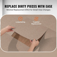 Hands peeling and sticking light brown 18x18 carpet tiles for easy replacement.