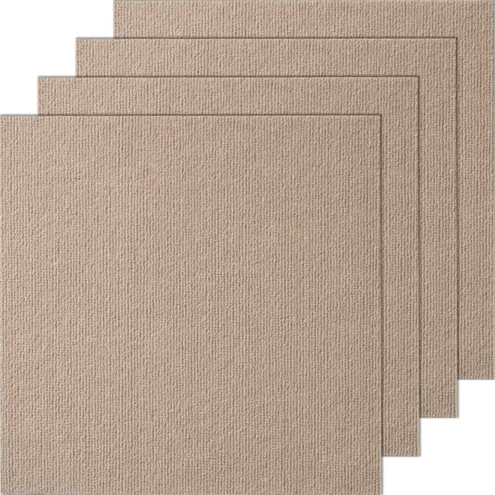Set of 10 light brown 18x18 inch peel and stick carpet tiles with textured surface.
