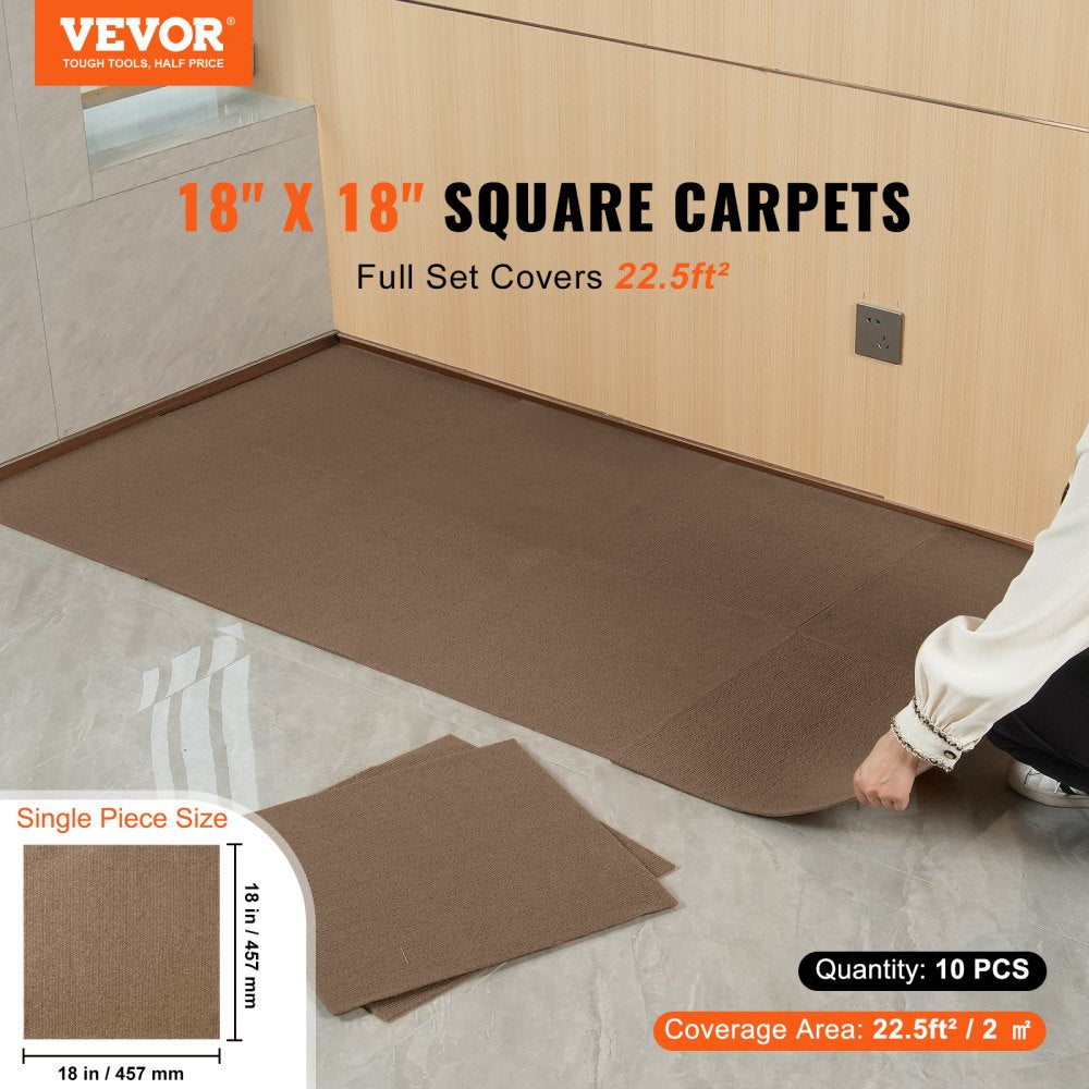 Dark brown peel and stick carpet tiles, 18"x18", in a 10-pack for easy installation.
