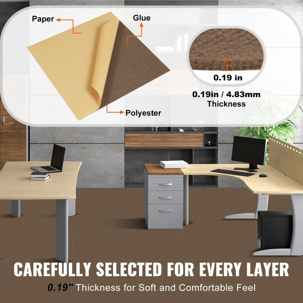 Dark brown peel and stick carpet tiles, 18"x18", in a 10-pack for easy installation.