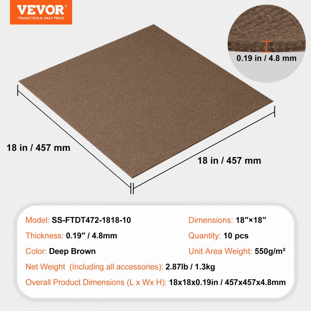 Dark brown peel and stick carpet tiles, 18"x18", in a 10-pack for easy installation.