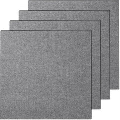 Nine light gray peel-and-stick carpet tiles, each 24x24 inches, stacked together.
