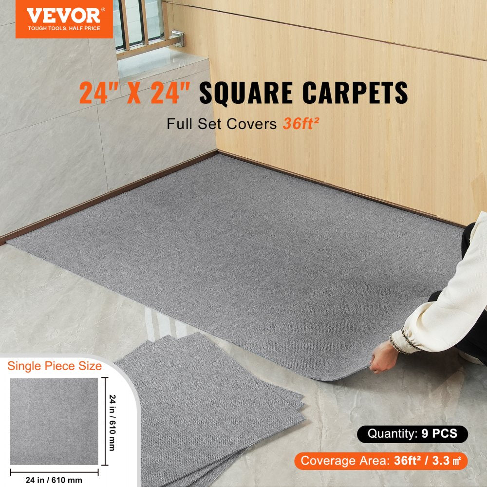 9-pack of 24x24 inch light gray peel and stick carpet tiles covering 36 sq ft.