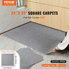 9-pack of 24x24 inch light gray peel and stick carpet tiles covering 36 sq ft.