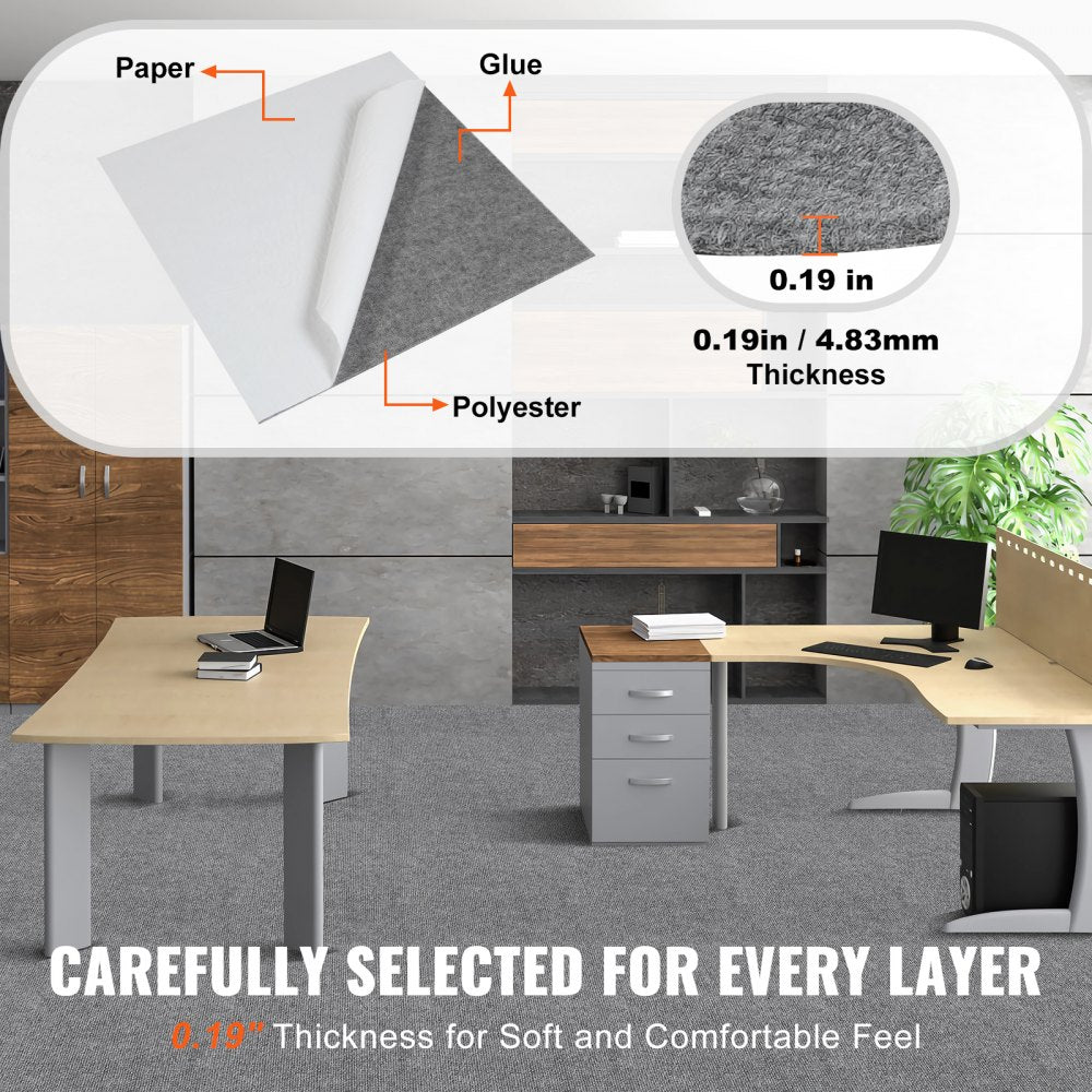 9-pack of light gray 24x24 inch peel-and-stick carpet tiles with 0.19-inch polyester thickness.