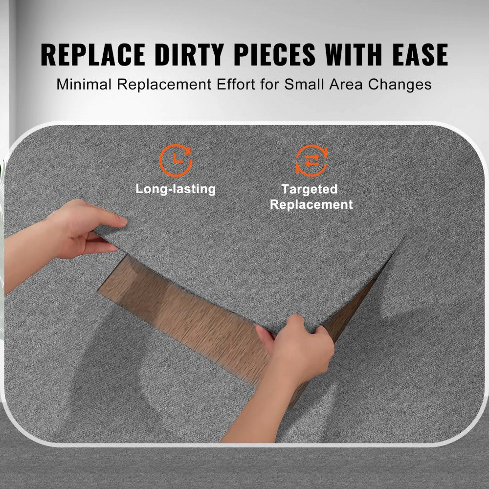 Hands peeling and sticking light gray 24x24 inch carpet tiles to replace small areas.