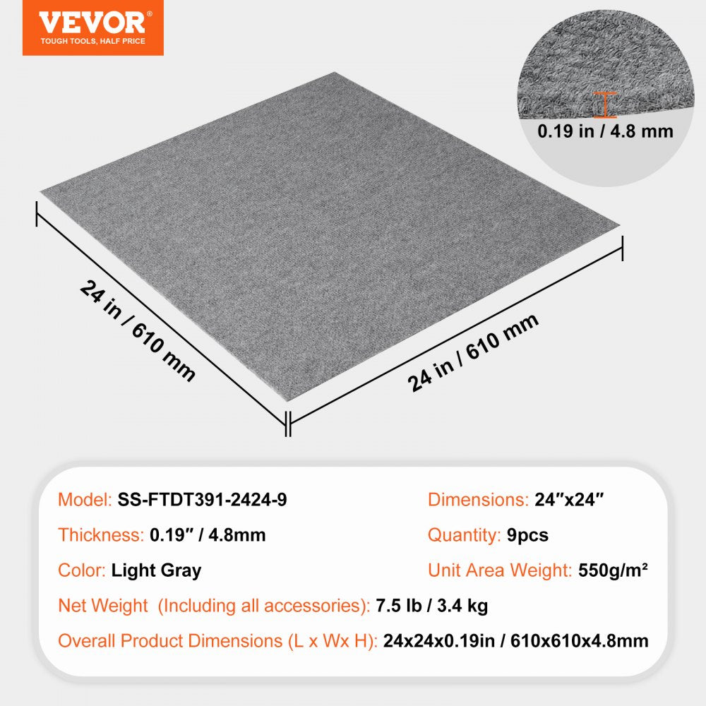 9-pack of 24x24 inch light gray peel-and-stick carpet tiles with dimensions and weight details.