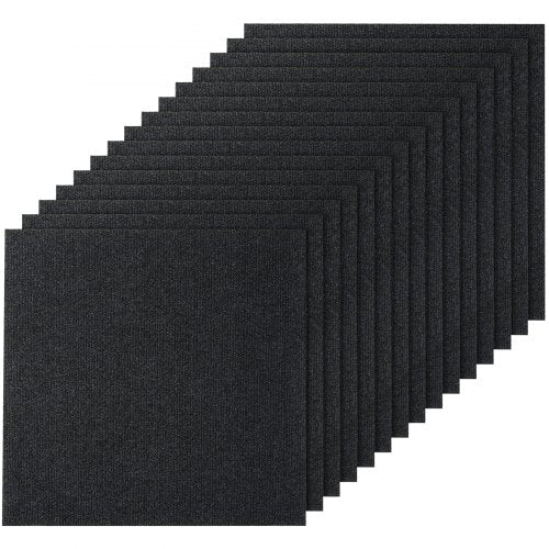 Stack of 15 black peel-and-stick carpet tiles, each 24x24 inches.