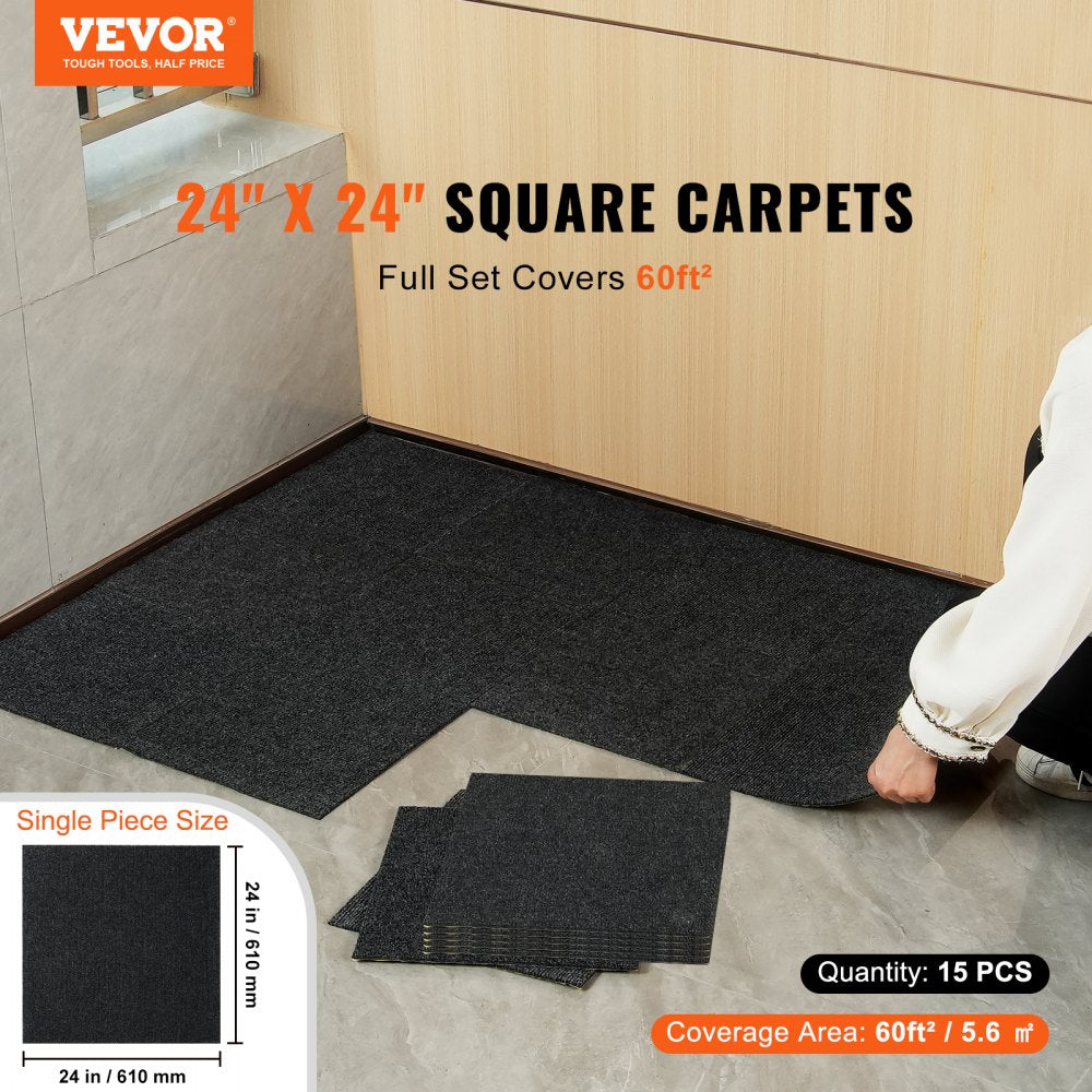 15 pack of 24x24 inch carbon black peel and stick carpet tiles covering 60 sq ft.