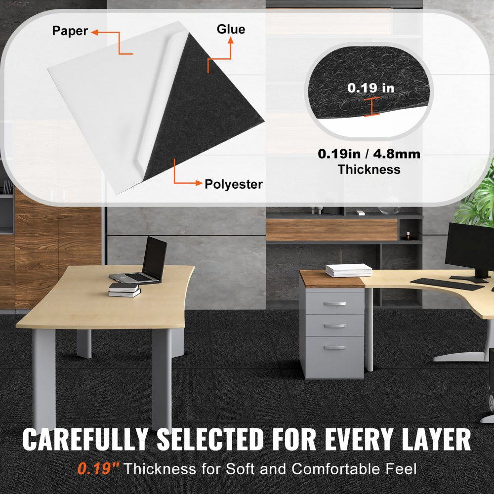 Diagram showing Bostome carpet tile layers and thickness with tables in a room background.
