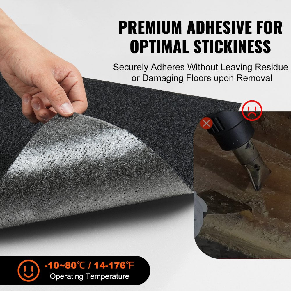 Image of premium adhesive for peel-and-stick carpet tiles, showing secure application without residue, operating from -10°C to 76°C.