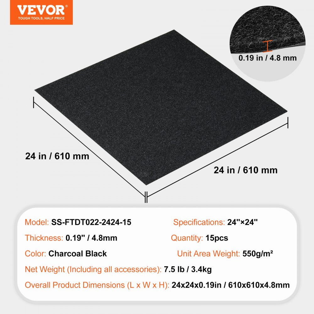Infographic of 24x24 inch black peel-and-stick carpet tiles, 15-pack, showing dimensions and 550g/m² weight.