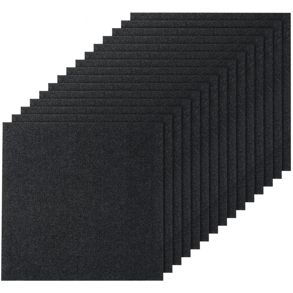 Stack of 15 black peel-and-stick carpet tiles, each 24x24 inches.