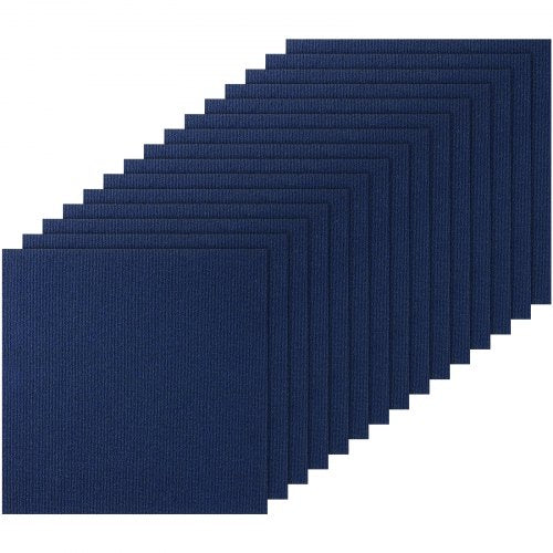 Dark blue self-adhesive carpet tiles measuring 24x24 inches, designed for easy installation.