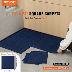 Dark blue self-adhesive carpet tiles, 24x24 inches, with a plush padded texture.