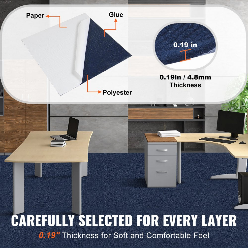 Dark blue self-adhesive carpet tiles measuring 24x24 inches, ideal for easy installation.