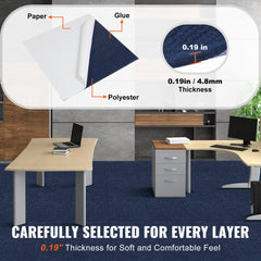 Dark blue self-adhesive carpet tiles measuring 24x24 inches, ideal for easy installation.