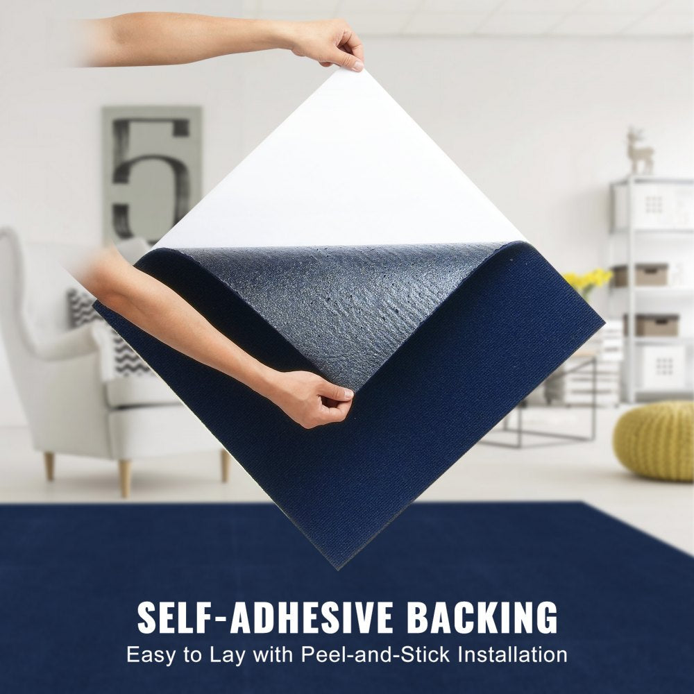 Dark blue self-adhesive carpet tiles, 24x24 inches, with a soft padded texture.