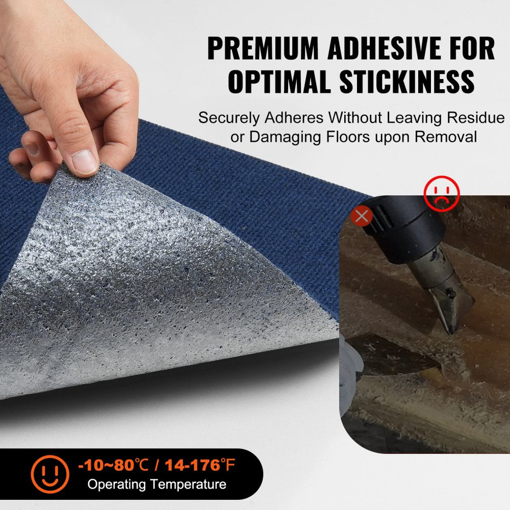Dark blue self-adhesive carpet tiles measuring 24x24 inches with a plush texture.