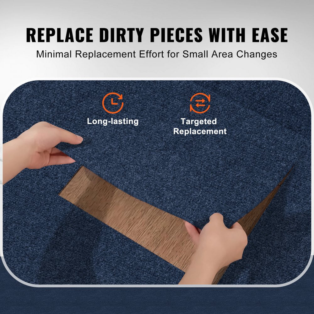 Dark blue peel and stick carpet tiles, 24x24 inches, with a self-adhesive backing.