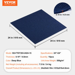 Dark blue peel and stick carpet tiles, 24x24 inches, with a self-adhesive backing.