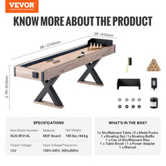 9 ft LED Shuffleboard Table 2 in 1 Shuffleboard and Bowling Combo Game Set