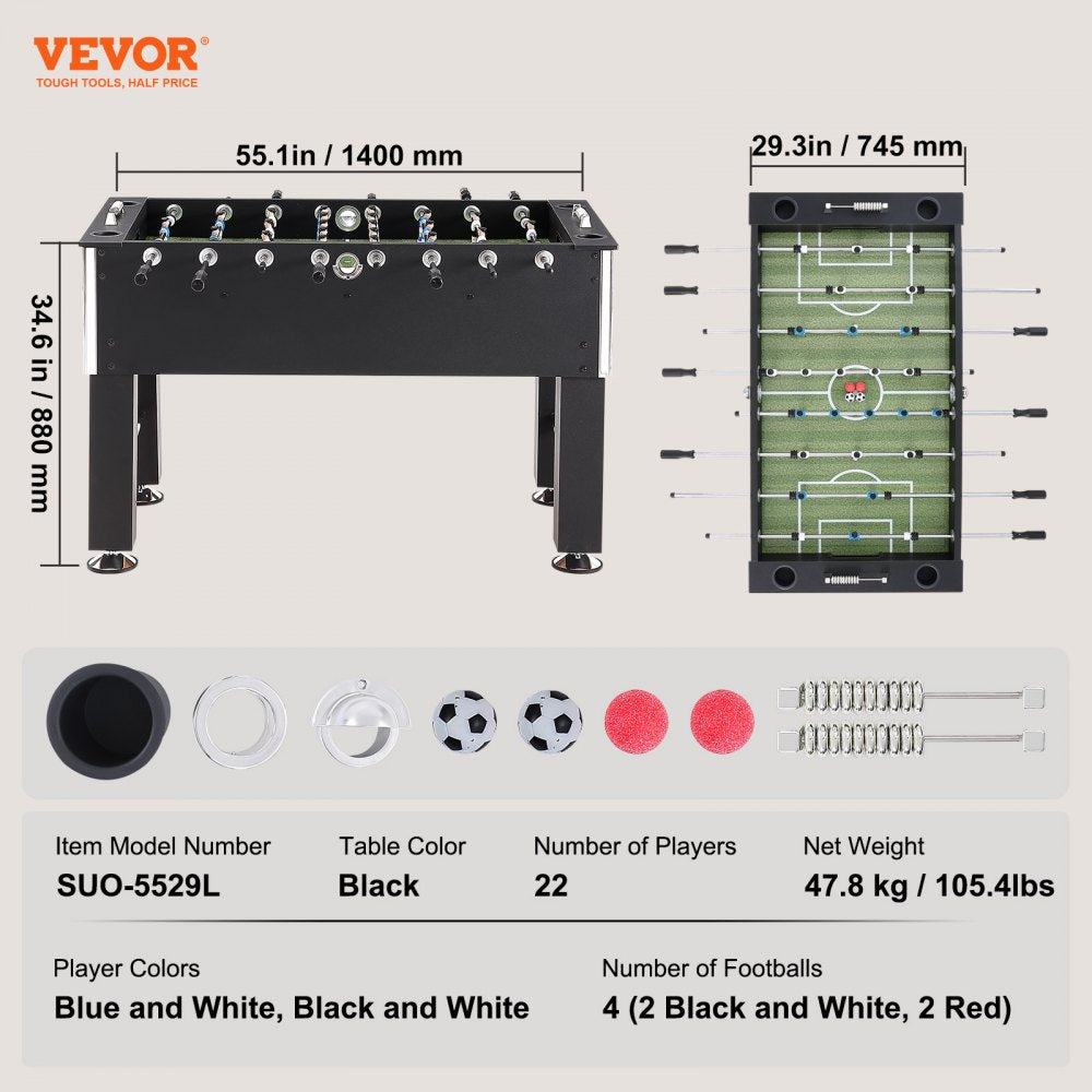 Foosball Table, 55 inch Standard Size Foosball Table, Indoor Full Size Foosball Table for Home, Family, and Game Room, Soccer with Foosball Table Set, Includes 4 Balls and 4 Cup Holders