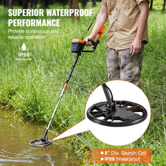 Bostome metal detector with 8-inch waterproof coil and adjustable handle for all heights.