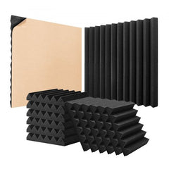 Black self-adhesive acoustic foam panels, 12x12x2 inches, in a 24-pack for sound absorption.